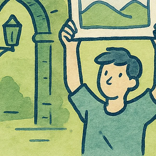 A young person holding a banner beside a heritage stone arch