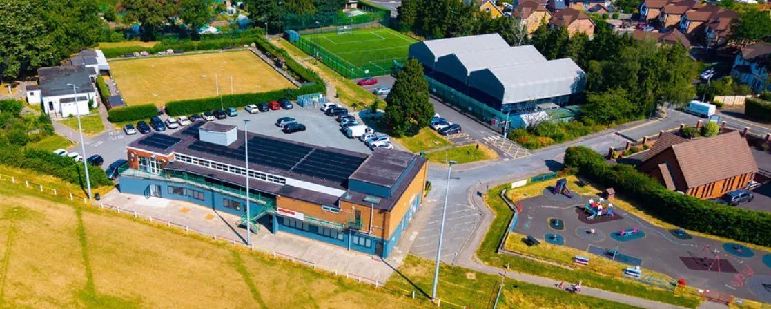 Panoramic aerial view of the Woodland Road complex
