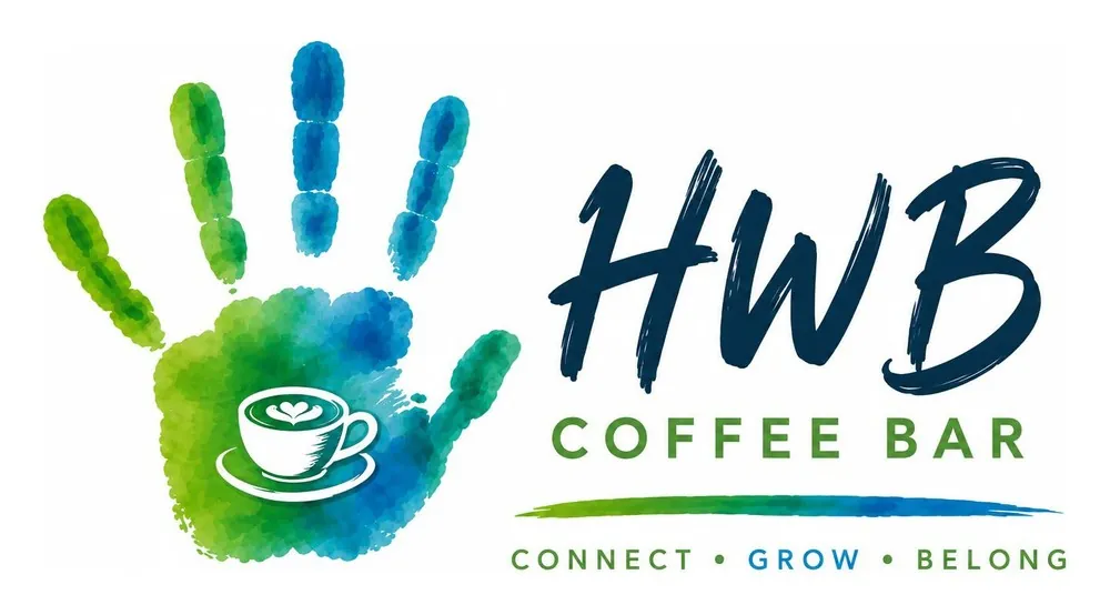 HWB Coffee Bar logo — a watercolour handprint holding a coffee cup, with the words Connect, Grow, Belong